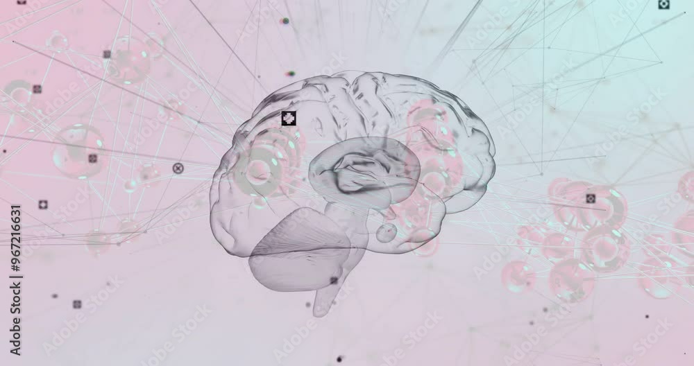 Poster animation of digital brain with network of connections on blue background