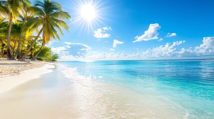 Tropical Beach with Clear Water and Palm Trees on a Sunny Day