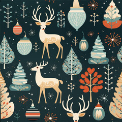 Retro Christmas pattern with vintage ornaments, reindeers, and candy canes, muted color palette, nostalgic and cozy 