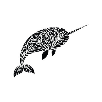 recommend clip art: Narwhal made by simple botanical drawing, black and white animal illustration