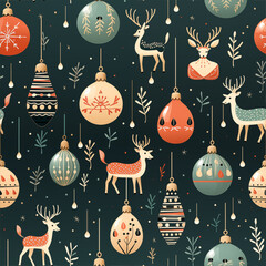 Retro Christmas pattern with vintage ornaments, reindeers, and candy canes, muted color palette, nostalgic and cozy 