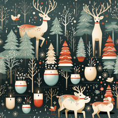 Retro Christmas pattern with vintage ornaments, reindeers, and candy canes, muted color palette, nostalgic and cozy 