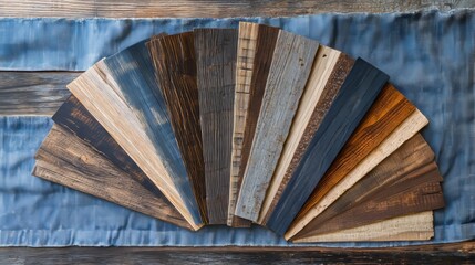 Rustic swatches featuring a blend of raw, untreated wood and stained finishes, arranged in a fan shape on a denim fabric