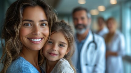 Fototapeta premium Caring Multigenerational Family Healthcare: Trust and Compassion in a Modern Clinic Environment