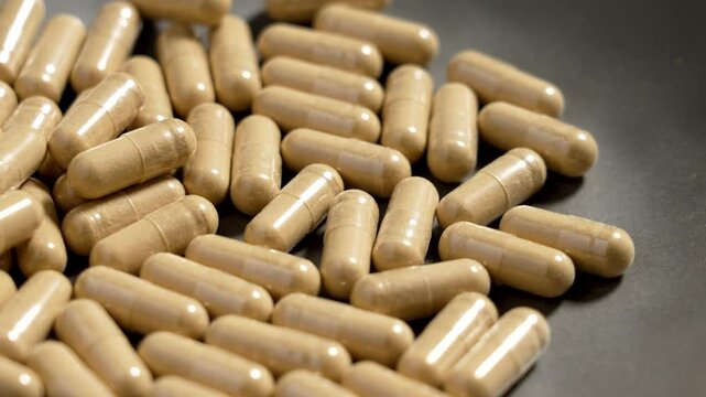 Ashwagandha capsules for enhanced stress relief and improved overall health in grey bowl. Rotation. Macro