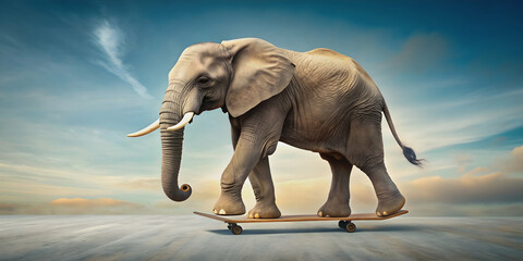 elephant showcasing its skateboarding skills on a skateboard, elephant,skateboard, skill, show off, tricks, circus, fun, cute