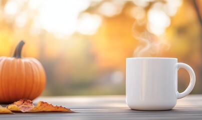 Steaming Coffee in a Large White Mug on an Outdoor Autumn Table Beside a Pumpkin