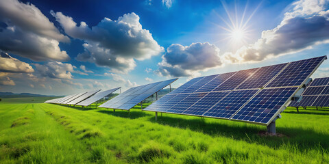 Row of solar panels on top of a vibrant green field, solar panels, renewable energy, field, green, environment