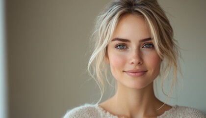 portrait of scandinavian softly smiling woman is 35 years old with blond hair on solid light beige color background with copy space