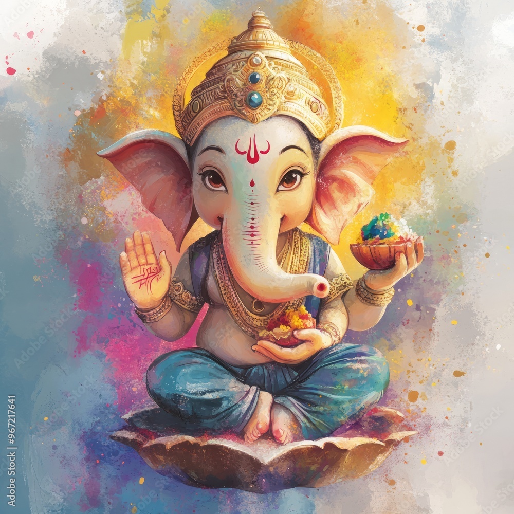 Sticker Colorful illustration of Ganesha, the Hindu god of beginnings, wisdom, and prosperity, sitting on a lotus.