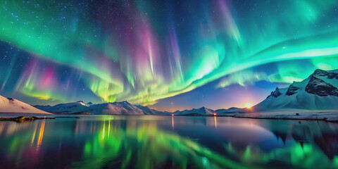 Landscape featuring a mesmerizing aurora borealis display , Northern lights, dusk