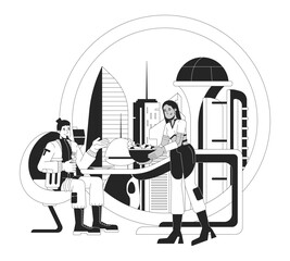 Family dinner futuristic lifestyle black and white line illustration. Futurism dining table couple interracial 2D linear characters isolated. Domestic sci fi meal monochrome vector outline image