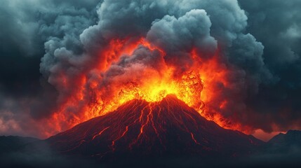 Fototapeta premium Lava Flowing from Erupting Volcano Engulfing Everything in Its Path in Dramatic Volcanic Eruption Landscape with Molten Destruction and Deep Depth of Field