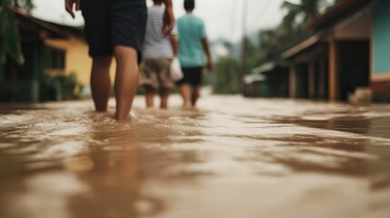 Family Evacuates Home as Floodwaters Rise Carrying Essential Belongings to Safety During Emergency Flood Response and Disaster Relief Efforts