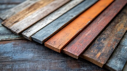 Swatches of rustic, reclaimed wood with a variety of finishes, from natural grey patina to warm, stained tones
