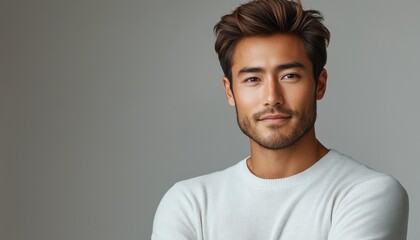 Obraz premium beautiful brutal asian man on light background copy space, portrait, copy space