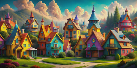 Imaginative fantasy village with colorful and creatively designed houses, fantasy, village, colorful, imaginative
