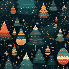 Christmas pattern with decorated Christmas trees, baubles, and stars, bright red and green colors, festive design 