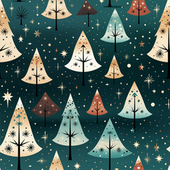 Christmas pattern with decorated Christmas trees, baubles, and stars, bright red and green colors, festive design