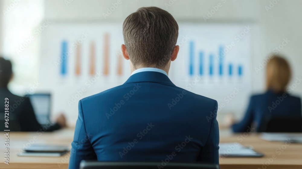 Poster group of business analysts reviewing quarterly sales data metrics and performance in a corporate off