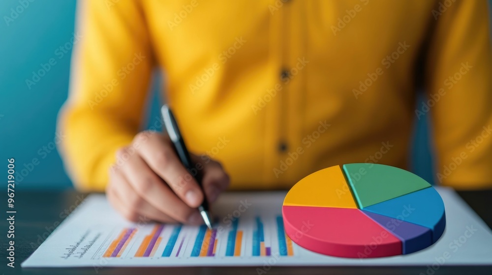 Poster close up of a businessman closely examining and analyzing market segmentation data presented on a de