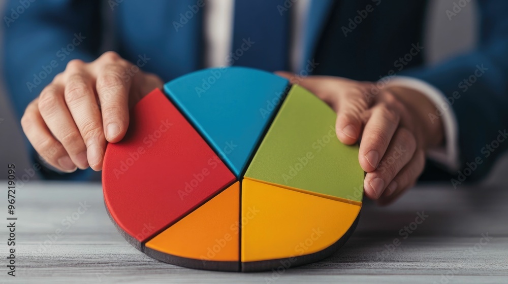 Poster close up shot of a businessman closely examining and analyzing market segmentation data displayed on
