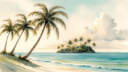Calming watercolor of a distant tropical island with swaying palm trees. The water’s gradient of turquoise and green adds to the peaceful, tropical atmosphere.