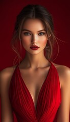 Fototapeta premium beautiful caucasian brunette woman in red dress with bright makeup on red background