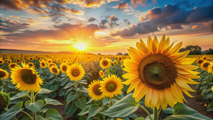 Obraz premium Vibrant sunflowers in a field with the setting sun in the background, sunset, sunflowers, field, nature, beauty, colorful
