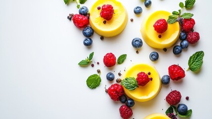 A close-up shot of yellow panna cotta with fresh raspberries, blueberries, and mint leaves on a white background.