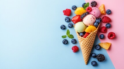 A waffle cone filled with scoops of ice cream and fresh fruit, surrounded by blueberries, raspberries, blackberries, and peach slices on a blue and pink background.