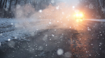 Obraz premium blizzard on the road, dangerous snowfall on the highway car in poor visibility, fog in winter bad weather, blurred background