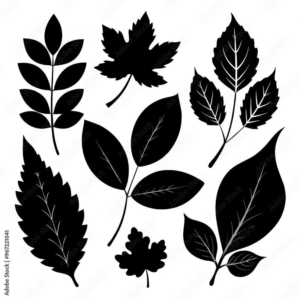 Poster a collection of black silhouettes of different types of leaves arranged in various poses suitable fo