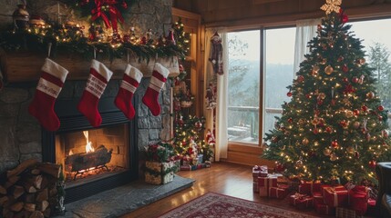 Fototapeta premium Cozy living room decorated for Christmas with a fireplace, Christmas tree, stockings, and gifts.