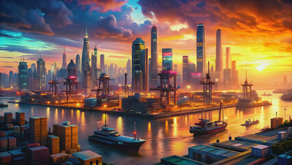 Fototapeta premium Vibrant cyberpunk cityscape at sunset with a bustling harbor in the background , cyberpunk, cityscape, skyline, futuristic