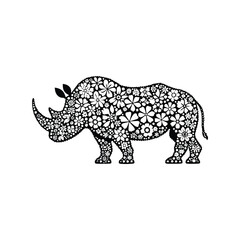 Rhinoceros made by simple flower drawing, black and white animal illustration