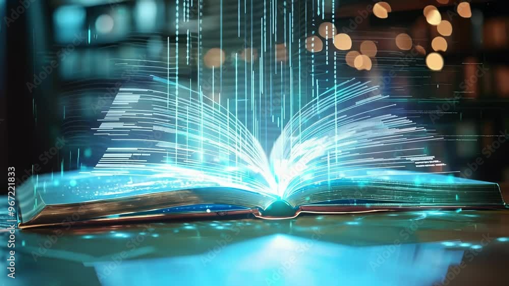 Poster open book is glowing and emanating particles of light, projecting a hologram made of digital informa