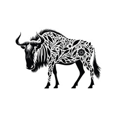 Fototapeta premium Wildebeest made by simple botanical drawing, black and white animal illustration black and white animal illustration