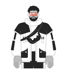 Futuristic glasses african american man cyberpunk dressed black and white line illustration. Science fiction futurism guy 2D linear character isolated. Future fashion monochrome vector outline image