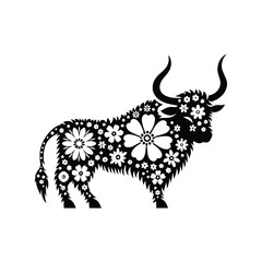 Obraz premium Yak made by simple flower drawing, black and white animal illustration