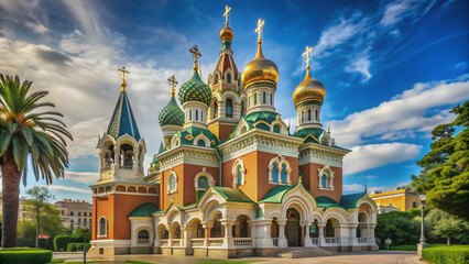 Ornate Russian Orthodox cathedral in Cote d'Azur, France exuding grandeur and spirituality, St Nicholas, Orthodox