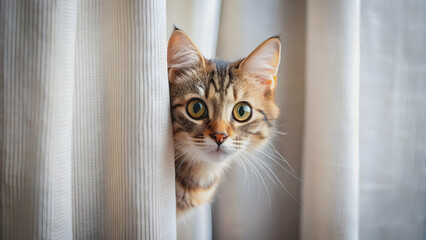 Adorable cat peeking out from behind a curtain, Cute, feline, pet, fluffy, hiding, playful, curious, whiskers, eyes, adorable