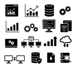 big data, data analysis, server icon set (eps). cloud computing conceptual icons can be used in growth, chart, economy, data center, connection, protection, firewall, data security etc concept.