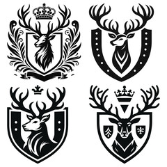 Fototapeta premium Regal deer crests in black and white vector style, isolated on white, heraldic emblems for royalty
