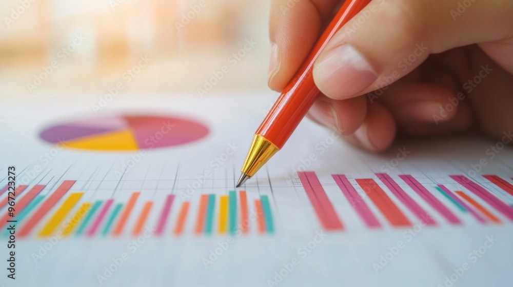 Poster close up view of a marketer s hand highlighting important data and insights on a marketing report as