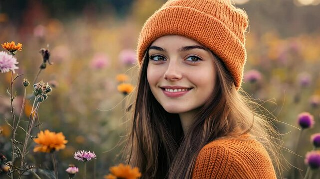 A young woman enjoys a vibrant flower field while wearing an orange sweater and beanie during a sunny autumn afternoon