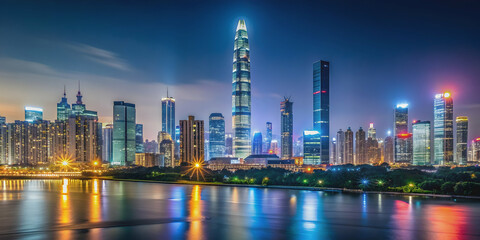 Fototapeta premium Shenzhen skyline cityscape with skyscrapers in downtown panorama at night in Shenzhen, China, Shenzhen, skyline, cityscape