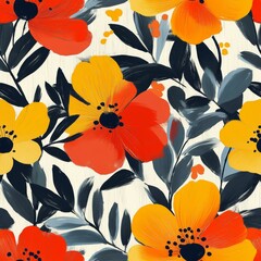 Vibrant Floral Pattern with Yellow and Red Flowers - Seamless Pattern