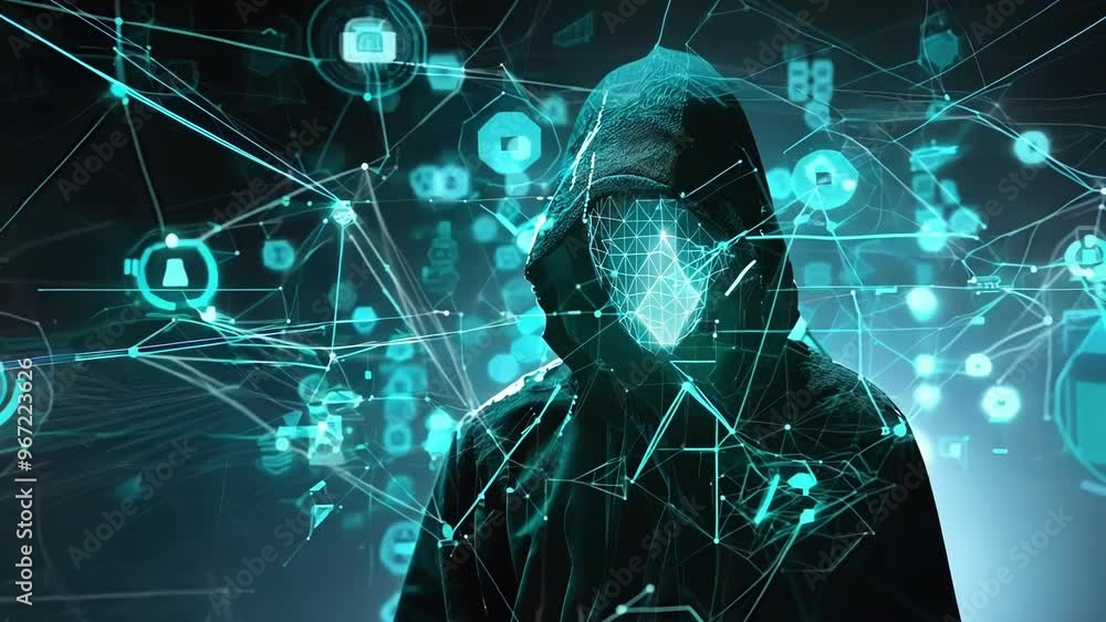 Poster mysterious hacker conceals their identity with a hologram while committing cyber crimes in a digital