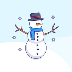 A snowman with a blue hat and a blue scarf on it